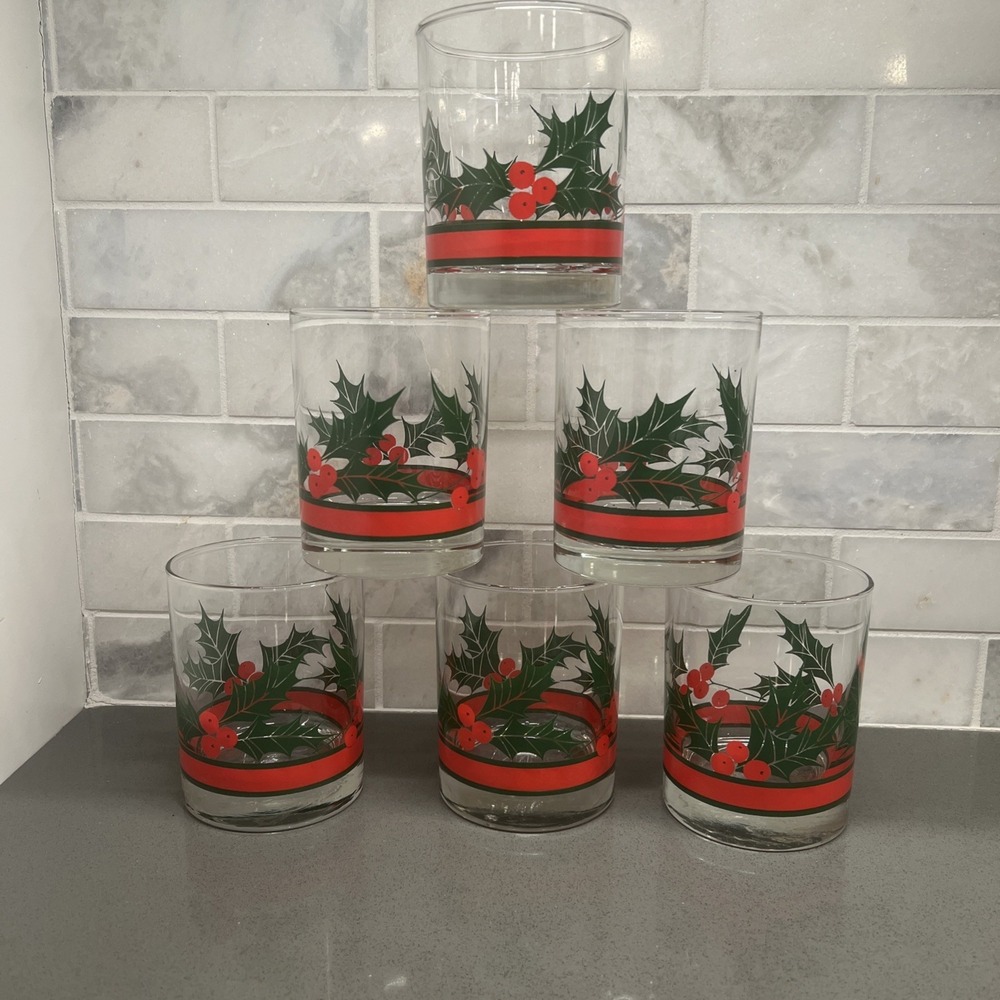 Vintage Set Of 6 Christmas Glasses Libbey HOLLY & BERRIES 4" Old Fashioned